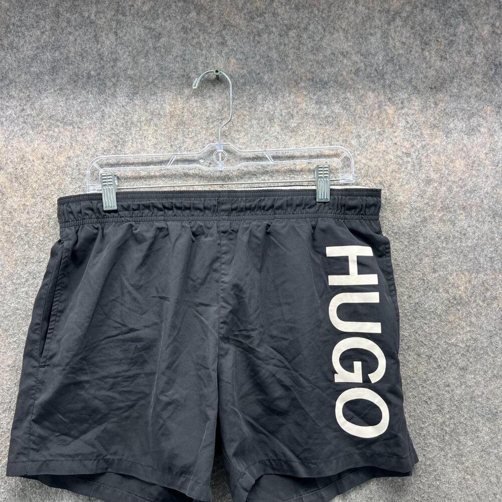 Hugo Boss Shorts Men Large Adult Black White Swimwear Trunk Lined Spell out - Picture 10 of 11